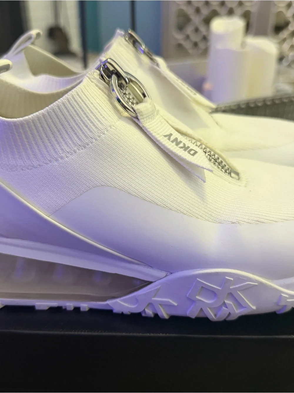 DKNY White Front-Zip Knit Slip-On Sneakers